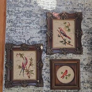 Vintage Framed Bird Embroidery Needlepoint Set - Brown